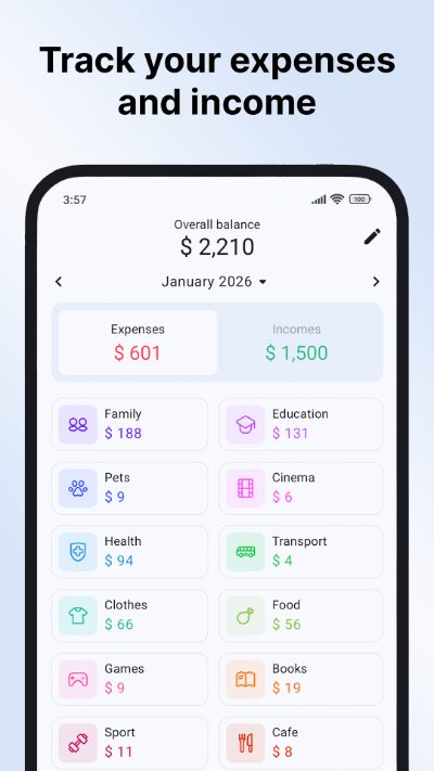 Sumlio expenses and income tracking screen