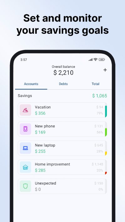 Sumlio savings goals screen