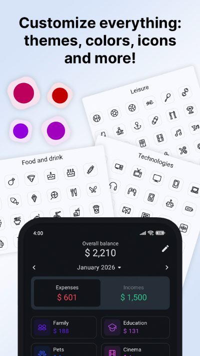 Sumlio customization screen with themes and colors