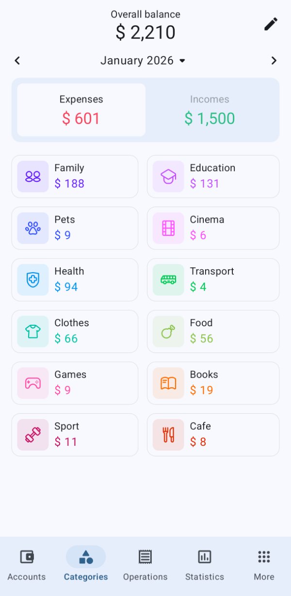 Sumlio app — categories and balance screen